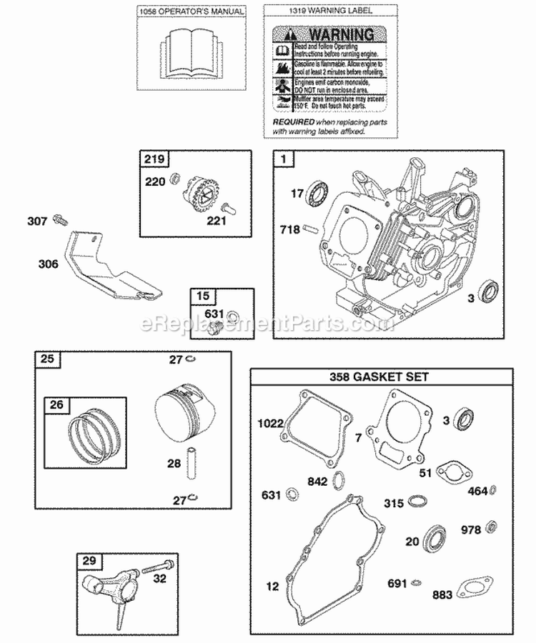 Cylinder Gasket Set - Engine OperatorS Manual Piston Rings Connecting Rod Warning Label Diagram and Parts List for 117432-0552-A1  Briggs and Stratton Engine